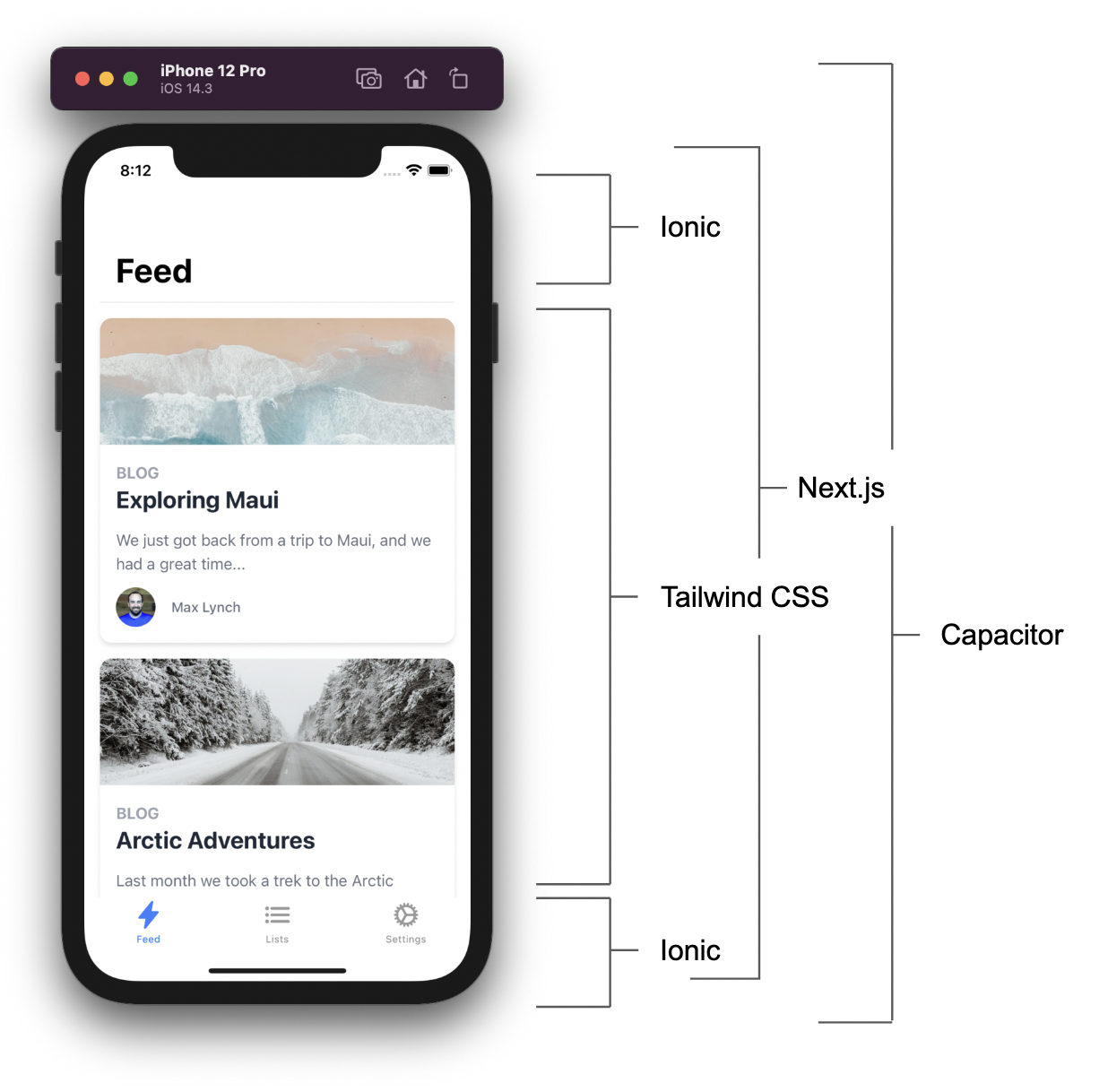 Diagram of layers in a Capacitor Tailwind Next.js Ionic app